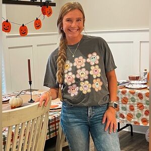 Gray T-Shirt with Smiley Flowers